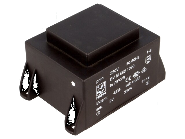 Transformator: ingegoten; 33VA; 230VAC; 9V; 3667mA; PCB; BVEI Transformator: ingegoten; 33VA; 230VAC; 9V; 3667mA; PCB; BVEI